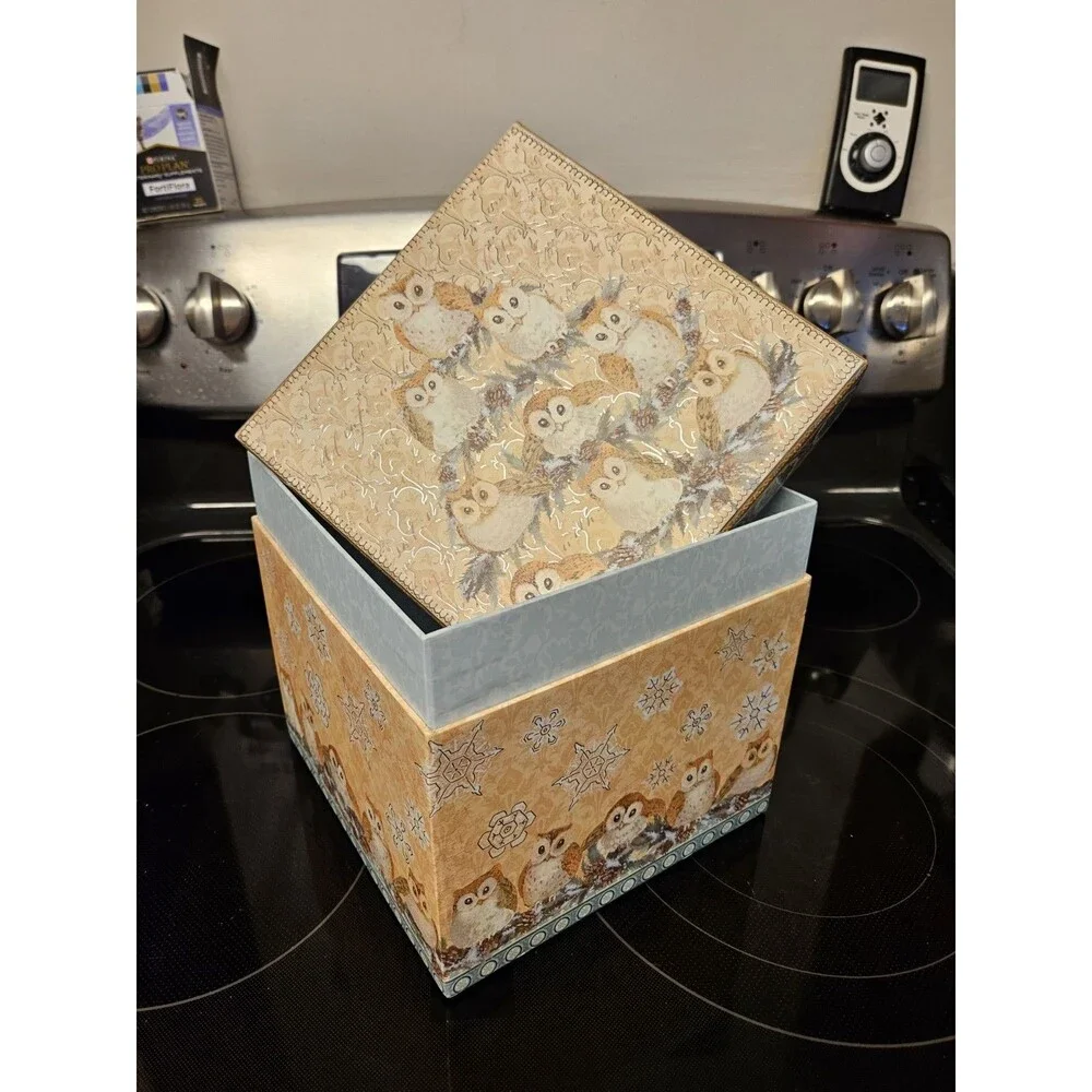Elegant Storage Box Blue, Yellow, Silver Filigree Owl Print 9